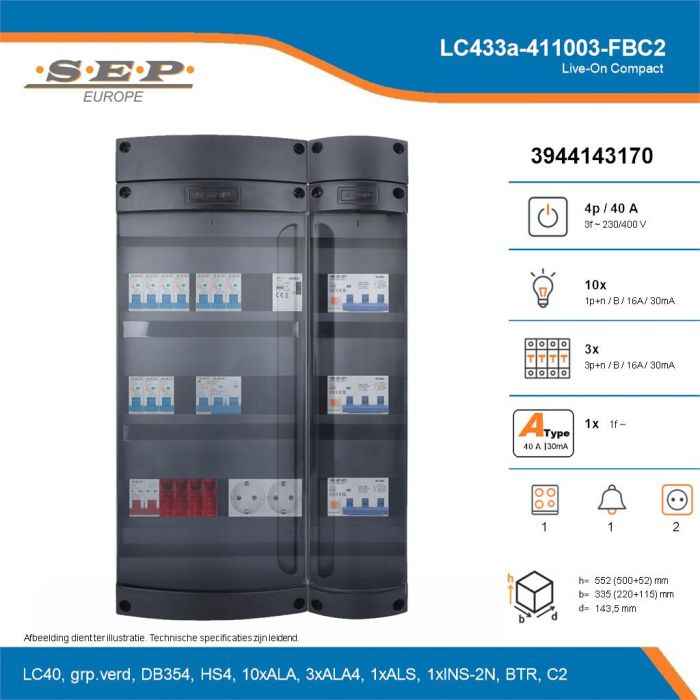 SEP Live-On Compact, LC433a-411003-FBC2, 40A, 3-fase groepenkast, 10-lichtgroepen, 3-krachtgroepen, 1-fornuisgroep, 1-beltrafo,  2V-contactdoos, technische details