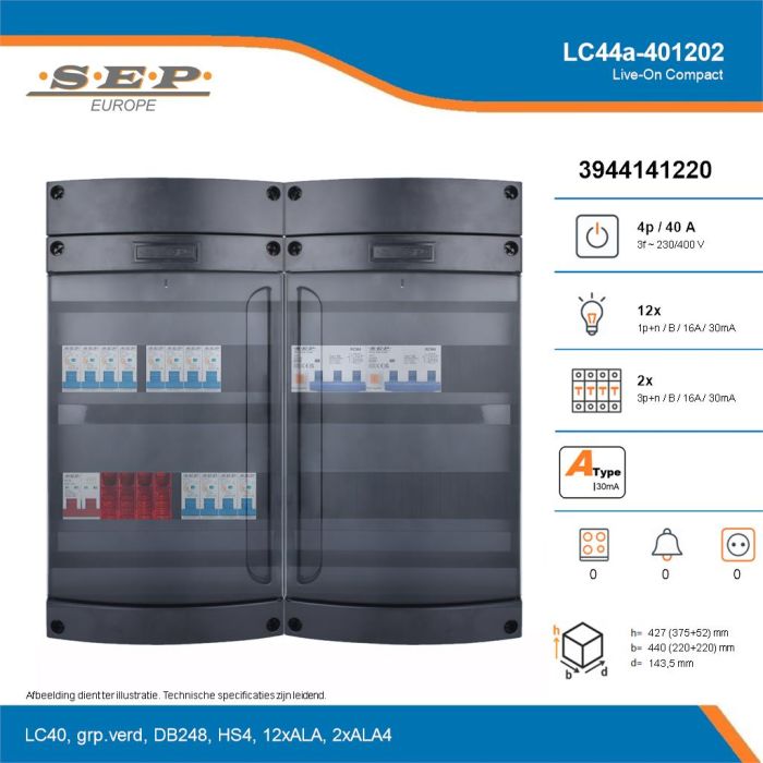 SEP Live-On Compact, LC44a-401202, 40A, 3-fase groepenkast, 12-lichtgroepen, 2-krachtgroepen, technische details