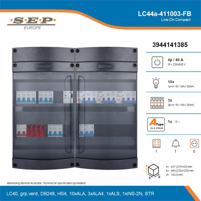 SEP Live-On Compact, LC44a-411003-FB, 40A, 3-fase groepenkast, 10-lichtgroepen, 3-krachtgroepen, 1-fornuisgroep, 1-beltrafo, technische details
