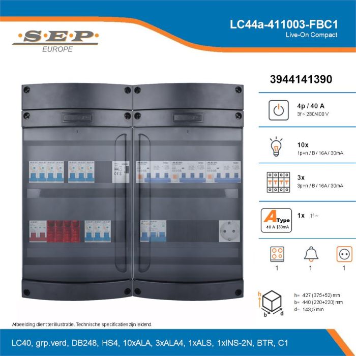 SEP Live-On Compact, LC44a-411003-FBC1, 40A, 3-fase groepenkast, 10-lichtgroepen, 3-krachtgroepen, 1-fornuisgroep, 1-beltrafo,  1V-contactdoos, technische details