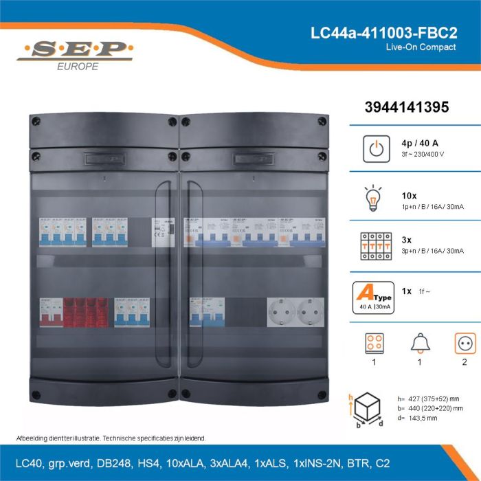 SEP Live-On Compact, LC44a-411003-FBC2, 40A, 3-fase groepenkast, 10-lichtgroepen, 3-krachtgroepen, 1-fornuisgroep, 1-beltrafo,  2V-contactdoos, technische details