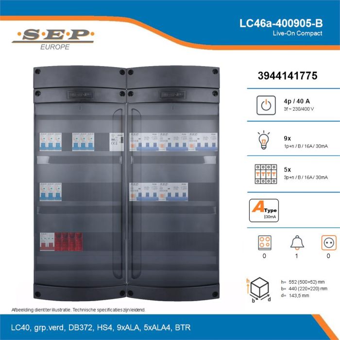 SEP Live-On Compact, LC46a-400905-B, 40A, 3-fase groepenkast, 9-lichtgroepen, 5-krachtgroepen, 1-beltrafo, technische details