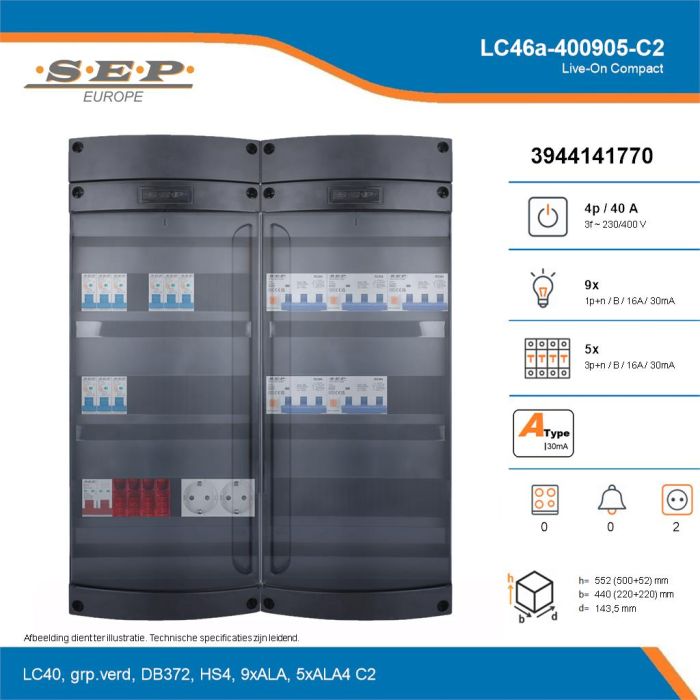 SEP Live-On Compact, LC46a-400905-C2, 40A, 3-fase groepenkast, 9-lichtgroepen, 5-krachtgroepen,  2V-contactdoos, technische details