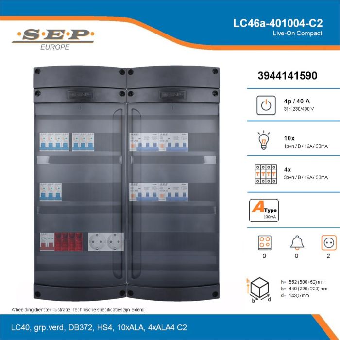 SEP Live-On Compact, LC46a-401004-C2, 40A, 3-fase groepenkast, 10-lichtgroepen, 4-krachtgroepen,  2V-contactdoos, technische details