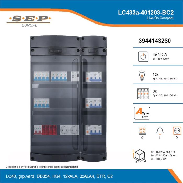 SEP Live-On Compact, LC433a-401203-BC2, 40A, 3-fase groepenkast, 12-lichtgroepen, 3-krachtgroepen, 1-beltrafo,  2V-contactdoos, technische details