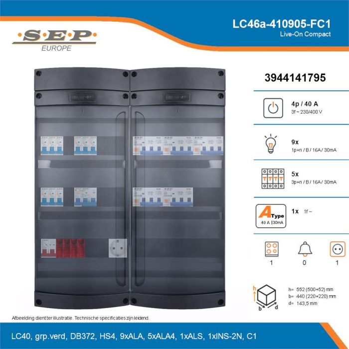 SEP Live-On Compact, LC46a-410905-FC1, 40A, 3-fase groepenkast, 9-lichtgroepen, 5-krachtgroepen, 1-fornuisgroep,  1V-contactdoos, technische details