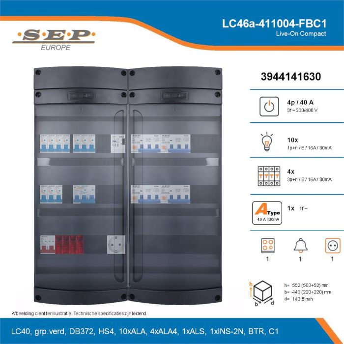 SEP Live-On Compact, LC46a-411004-FBC1, 40A, 3-fase groepenkast, 10-lichtgroepen, 4-krachtgroepen, 1-fornuisgroep, 1-beltrafo,  1V-contactdoos, technische details