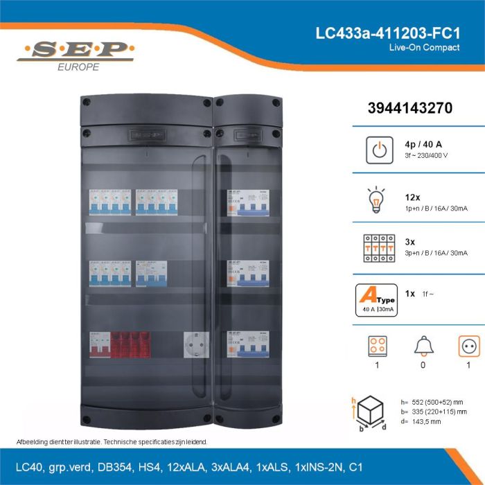 SEP Live-On Compact, LC433a-411203-FC1, 40A, 3-fase groepenkast, 12-lichtgroepen, 3-krachtgroepen, 1-fornuisgroep,  1V-contactdoos, technische details