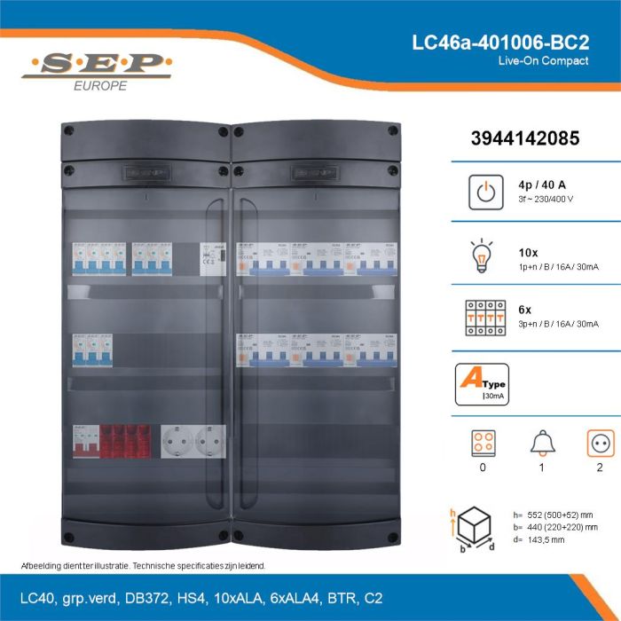 SEP Live-On Compact, LC46a-401006-BC2, 40A, 3-fase groepenkast, 10-lichtgroepen, 6-krachtgroepen, 1-beltrafo,  2V-contactdoos, technische details