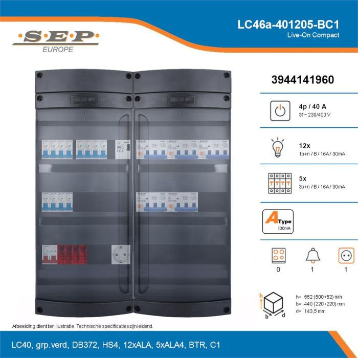 SEP Live-On Compact, LC46a-401205-BC1, 40A, 3-fase groepenkast, 12-lichtgroepen, 5-krachtgroepen, 1-beltrafo,  1V-contactdoos, technische details
