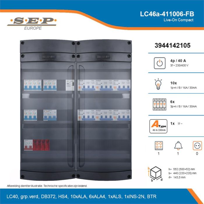 SEP Live-On Compact, LC46a-411006-FB, 40A, 3-fase groepenkast, 10-lichtgroepen, 6-krachtgroepen, 1-fornuisgroep, 1-beltrafo, technische details