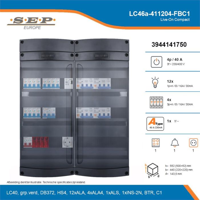 SEP Live-On Compact, LC46a-411204-FBC1, 40A, 3-fase groepenkast, 12-lichtgroepen, 4-krachtgroepen, 1-fornuisgroep, 1-beltrafo,  1V-contactdoos, technische details