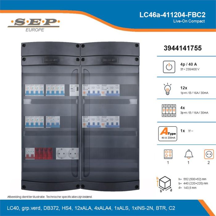SEP Live-On Compact, LC46a-411204-FBC2, 40A, 3-fase groepenkast, 12-lichtgroepen, 4-krachtgroepen, 1-fornuisgroep, 1-beltrafo,  2V-contactdoos, technische details