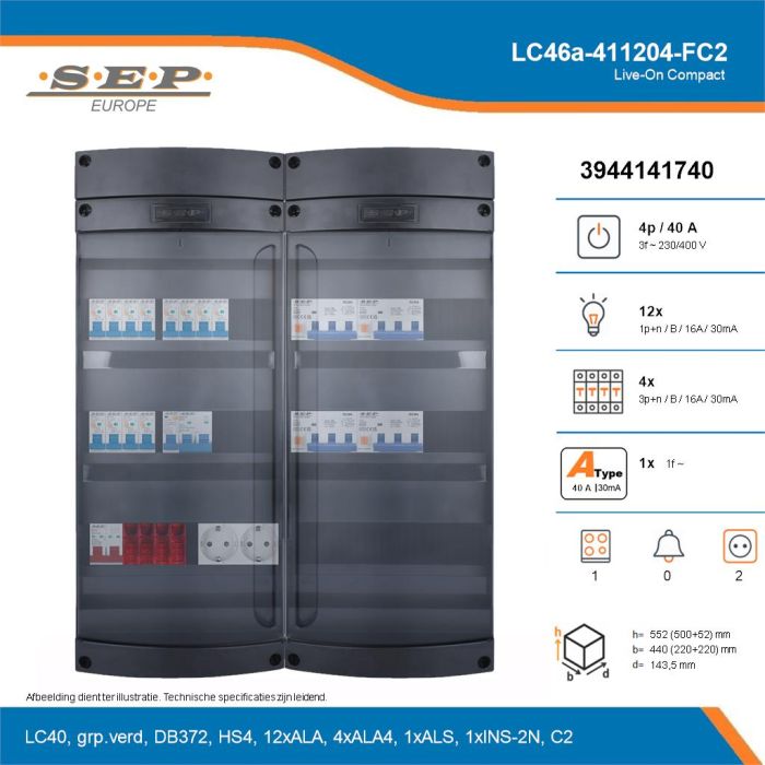 SEP Live-On Compact, LC46a-411204-FC2, 40A, 3-fase groepenkast, 12-lichtgroepen, 4-krachtgroepen, 1-fornuisgroep,  2V-contactdoos, technische details