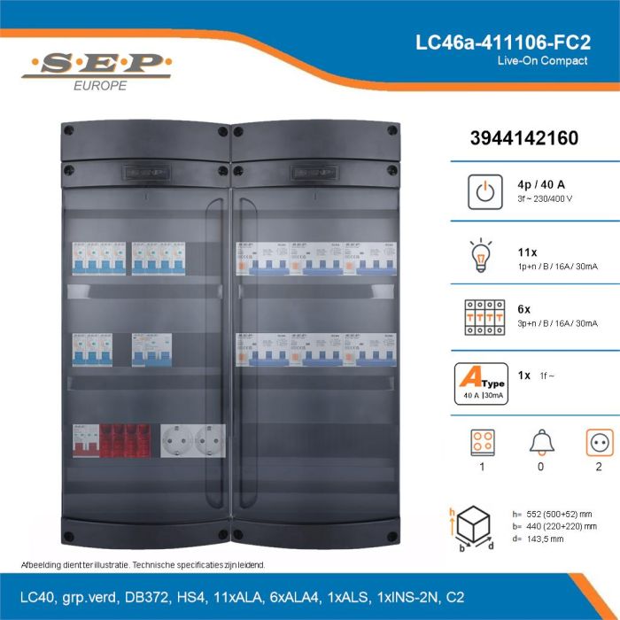 SEP Live-On Compact, LC46a-411106-FC2, 40A, 3-fase groepenkast, 11-lichtgroepen, 6-krachtgroepen, 1-fornuisgroep,  2V-contactdoos, technische details