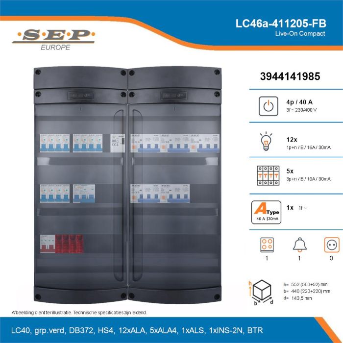 SEP Live-On Compact, LC46a-411205-FB, 40A, 3-fase groepenkast, 12-lichtgroepen, 5-krachtgroepen, 1-fornuisgroep, 1-beltrafo, technische details