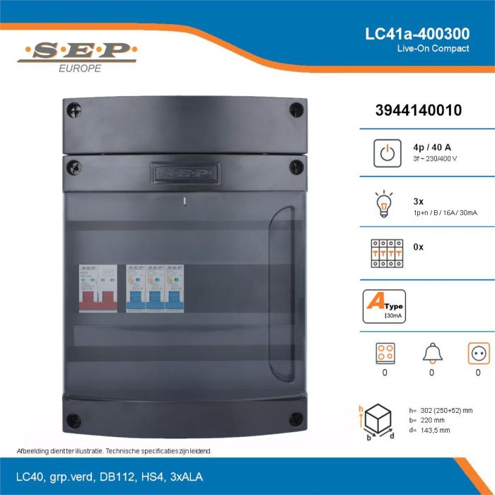 SEP Live-On Compact, LC41a-400300, 40A, 3-fase groepenkast, 3-lichtgroepen, technische details