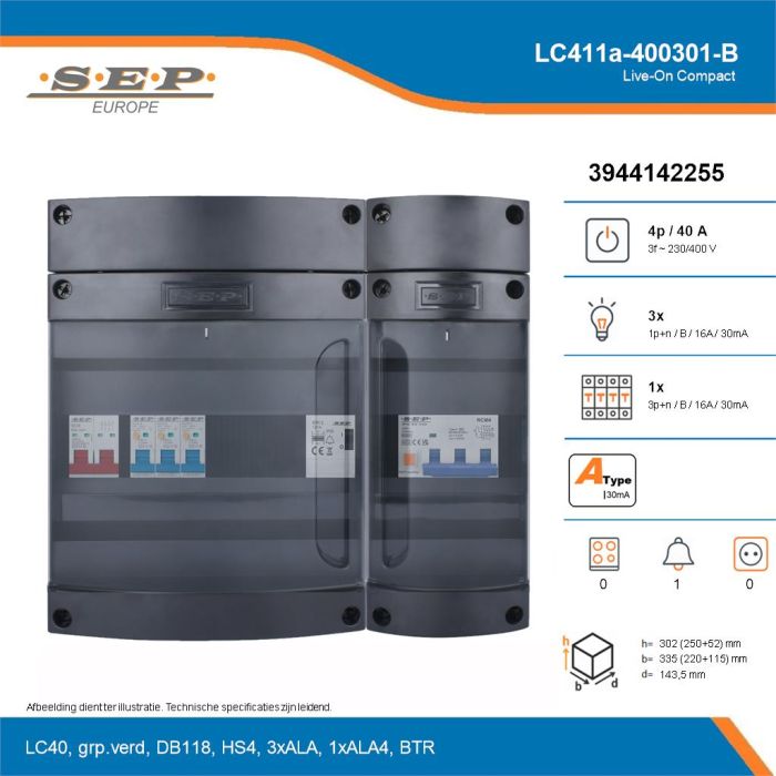 SEP Live-On Compact, LC411a-400301-B, 40A, 3-fase groepenkast, 3-lichtgroepen, 1-krachtgroepen, 1-beltrafo, technische details
