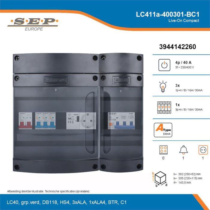 SEP Live-On Compact, LC411a-400301-BC1, 40A, 3-fase groepenkast, 3-lichtgroepen, 1-krachtgroepen, 1-beltrafo,  1V-contactdoos, technische details