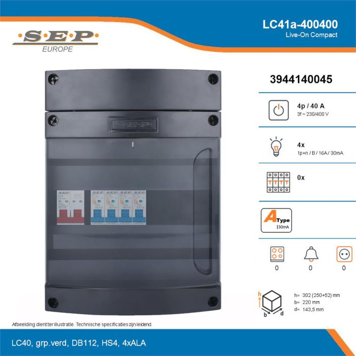 SEP Live-On Compact, LC41a-400400, 40A, 3-fase groepenkast, 4-lichtgroepen, technische details