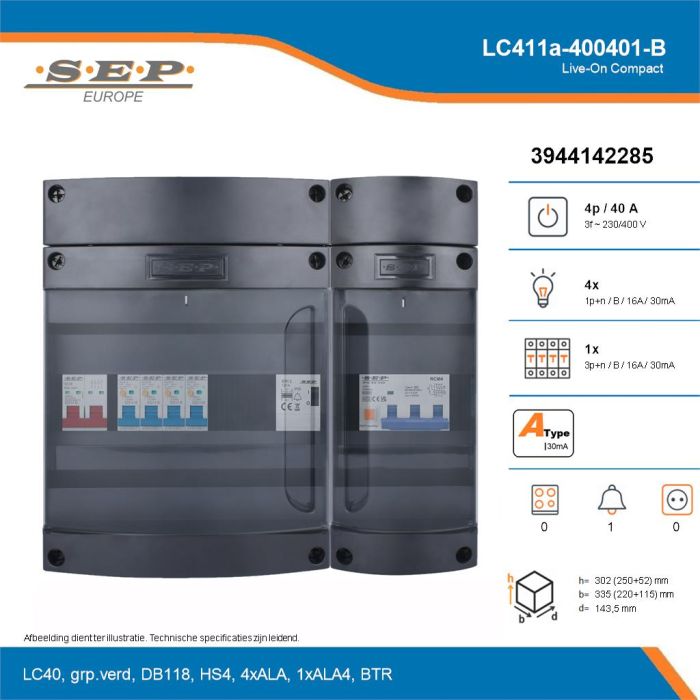 SEP Live-On Compact, LC411a-400401-B, 40A, 3-fase groepenkast, 4-lichtgroepen, 1-krachtgroepen, 1-beltrafo, technische details