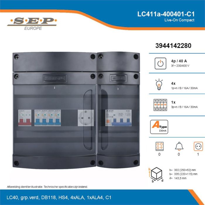 SEP Live-On Compact, LC411a-400401-C1, 40A, 3-fase groepenkast, 4-lichtgroepen, 1-krachtgroepen,  1V-contactdoos, technische details