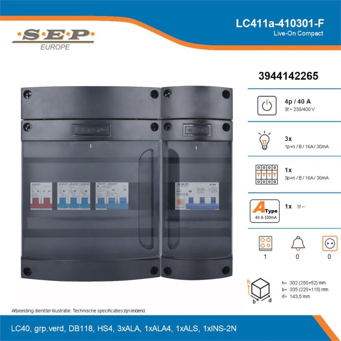 SEP Live-On Compact, LC411a-410301-F, 40A, 3-fase groepenkast, 3-lichtgroepen, 1-krachtgroepen, 1-fornuisgroep, technische details