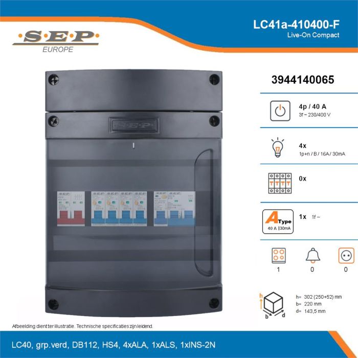 SEP Live-On Compact, LC41a-410400-F, 40A, 3-fase groepenkast, 4-lichtgroepen, 1-fornuisgroep, technische details