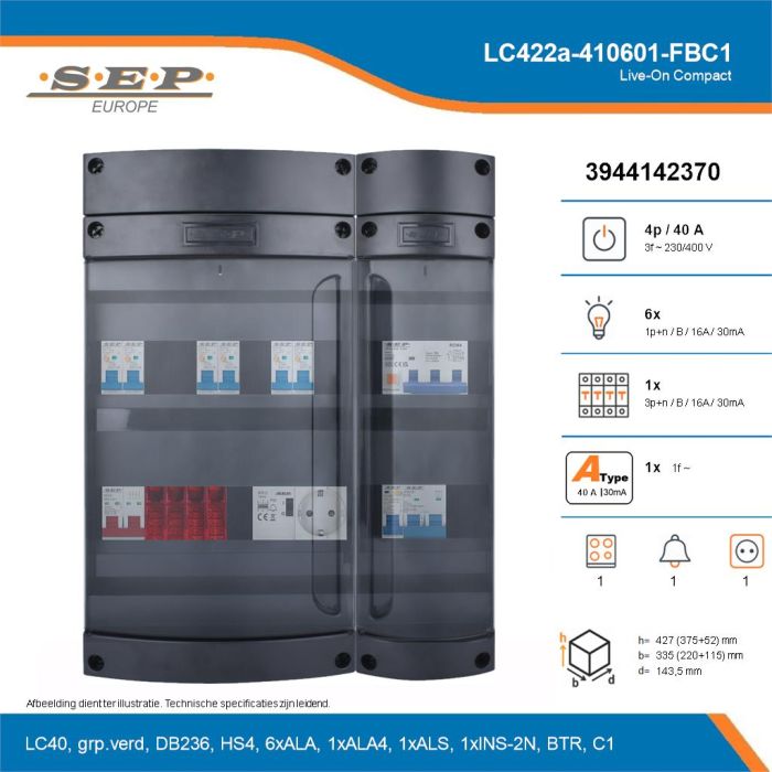 SEP Live-On Compact, LC422a-410601-FBC1, 40A, 3-fase groepenkast, 6-lichtgroepen, 1-krachtgroepen, 1-fornuisgroep, 1-beltrafo,  1V-contactdoos, technische details