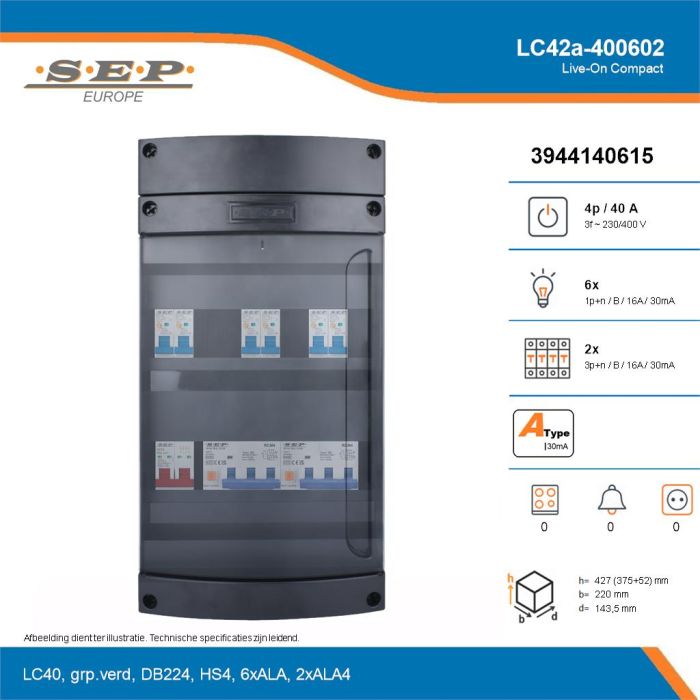 SEP Live-On Compact, LC42a-400602, 40A, 3-fase groepenkast, 6-lichtgroepen, 2-krachtgroepen, technische details