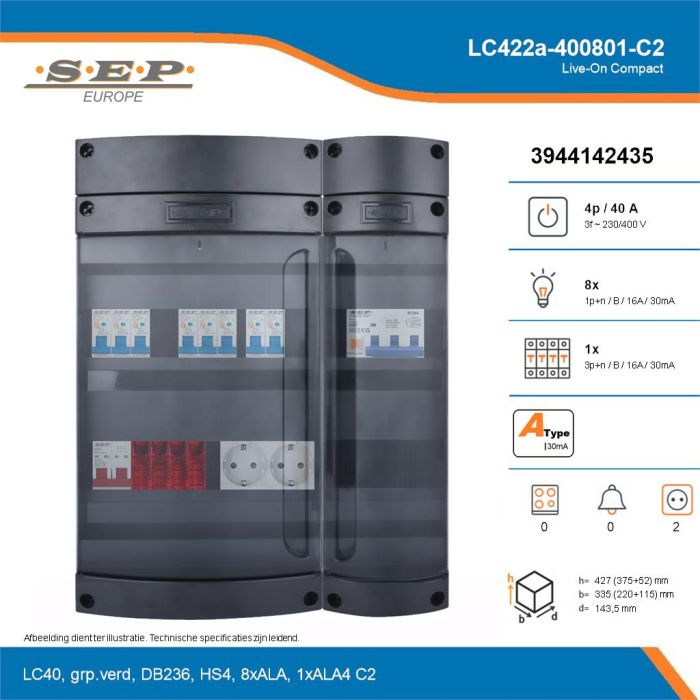 SEP Live-On Compact, LC422a-400801-C2, 40A, 3-fase groepenkast, 8-lichtgroepen, 1-krachtgroepen,  2V-contactdoos, technische details