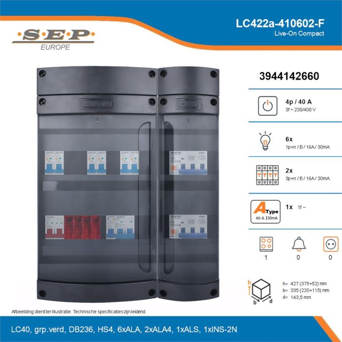 SEP Live-On Compact, LC422a-410602-F, 40A, 3-fase groepenkast, 6-lichtgroepen, 2-krachtgroepen, 1-fornuisgroep, technische details
