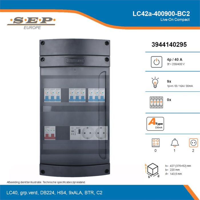 SEP Live-On Compact, LC42a-400900-BC2, 40A, 3-fase groepenkast, 9-lichtgroepen, 1-beltrafo,  2V-contactdoos, technische details