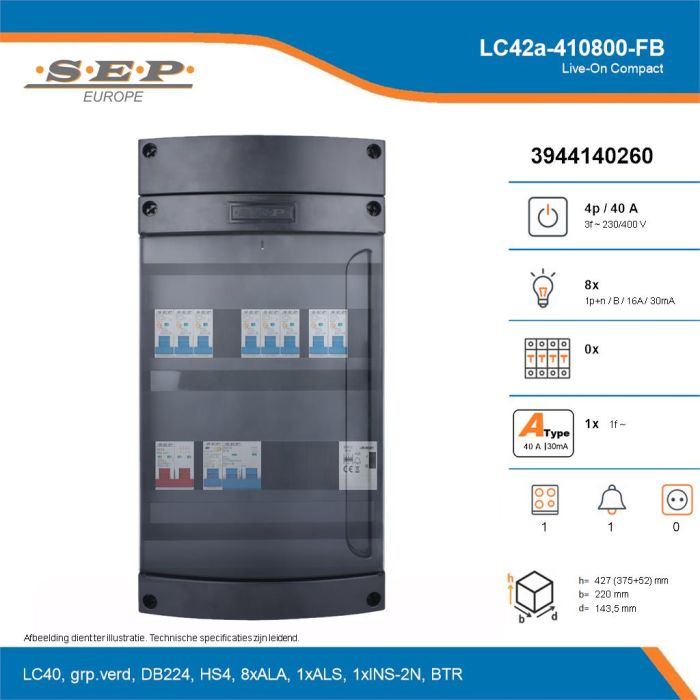 SEP Live-On Compact, LC42a-410800-FB, 40A, 3-fase groepenkast, 8-lichtgroepen, 1-fornuisgroep, 1-beltrafo, technische details