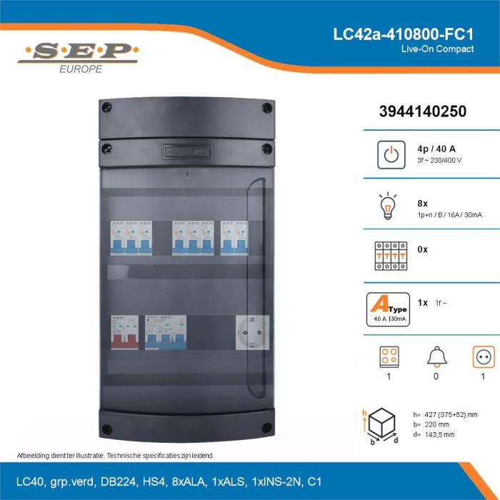SEP Live-On Compact, LC42a-410800-FC1, 40A, 3-fase groepenkast, 8-lichtgroepen, 1-fornuisgroep,  1V-contactdoos, technische details