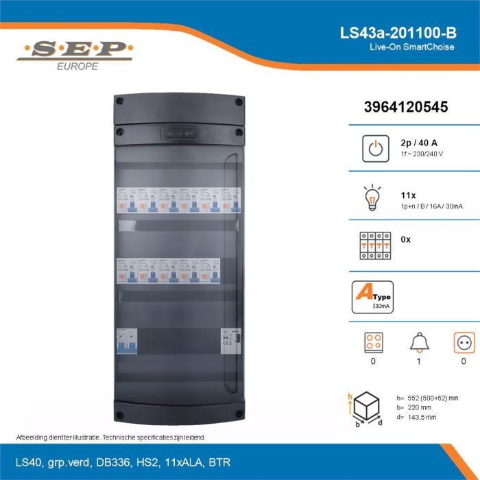 SEP Live-On SmartChoise, LS43a-201100-B, 40A, 1-fase groepenkast, 11-lichtgroepen, 1-beltrafo, technische details