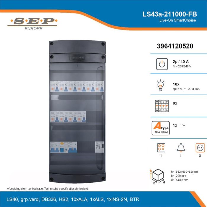 SEP Live-On SmartChoise, LS43a-211000-FB, 40A, 1-fase groepenkast, 10-lichtgroepen, 1-fornuisgroep, 1-beltrafo, technische details