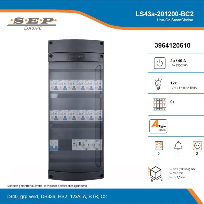 SEP Live-On SmartChoise, LS43a-201200-BC2, 40A, 1-fase groepenkast, 12-lichtgroepen, 1-beltrafo,  2V-contactdoos, technische details