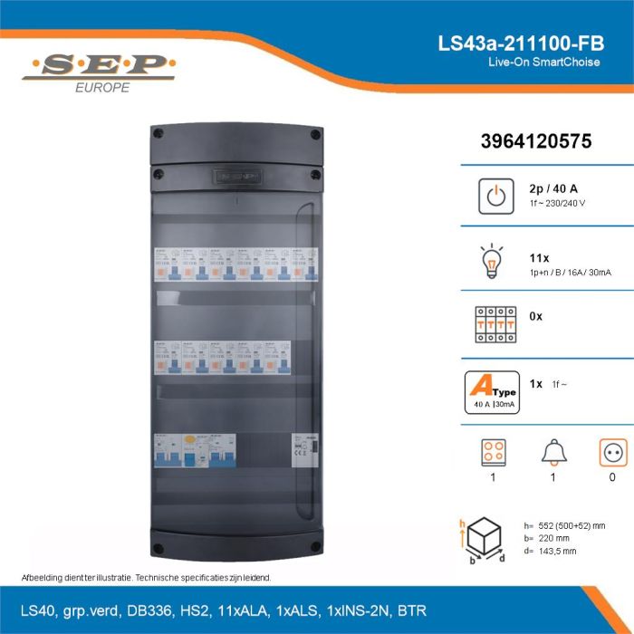 SEP Live-On SmartChoise, LS43a-211100-FB, 40A, 1-fase groepenkast, 11-lichtgroepen, 1-fornuisgroep, 1-beltrafo, technische details