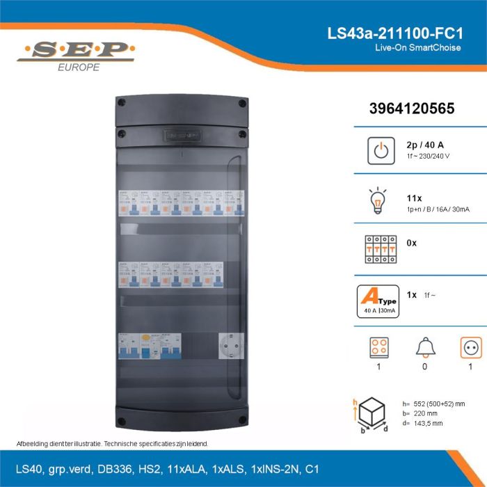 SEP Live-On SmartChoise, LS43a-211100-FC1, 40A, 1-fase groepenkast, 11-lichtgroepen, 1-fornuisgroep,  1V-contactdoos, technische details