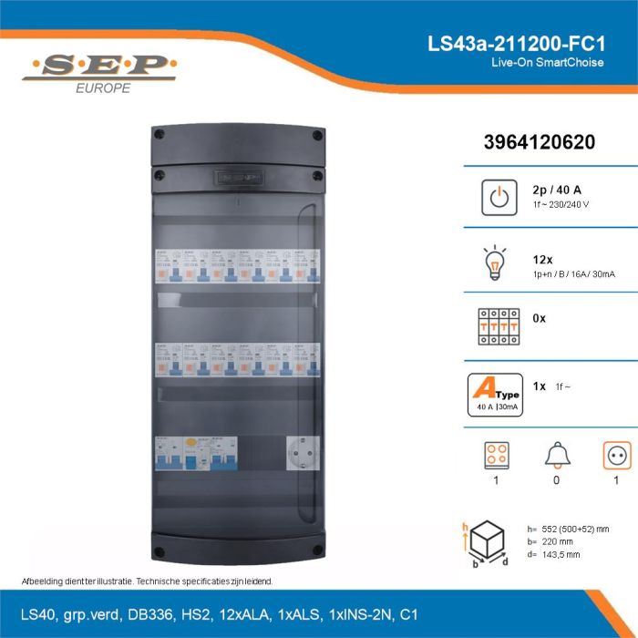 SEP Live-On SmartChoise, LS43a-211200-FC1, 40A, 1-fase groepenkast, 12-lichtgroepen, 1-fornuisgroep,  1V-contactdoos, technische details