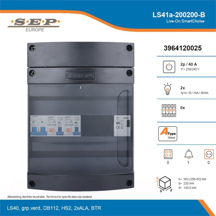 SEP Live-On SmartChoise, LS41a-200200-B, 40A, 1-fase groepenkast, 2-lichtgroepen, 1-beltrafo, technische details