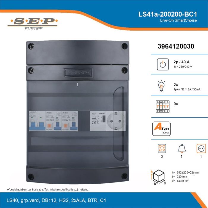 SEP Live-On SmartChoise, LS41a-200200-BC1, 40A, 1-fase groepenkast, 2-lichtgroepen, 1-beltrafo,  1V-contactdoos, technische details