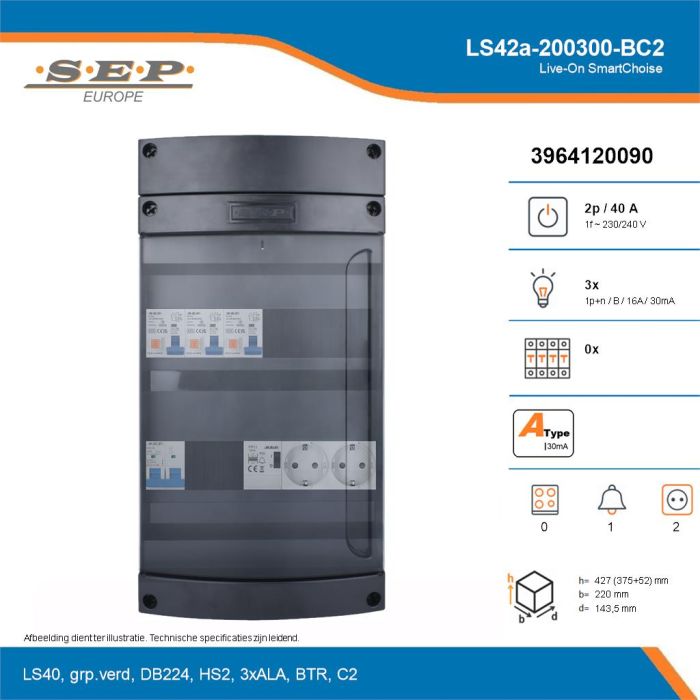 SEP Live-On SmartChoise, LS42a-200300-BC2, 40A, 1-fase groepenkast, 3-lichtgroepen, 1-beltrafo,  2V-contactdoos, technische details
