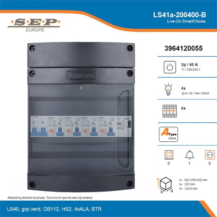 SEP Live-On SmartChoise, LS41a-200400-B, 40A, 1-fase groepenkast, 4-lichtgroepen, 1-beltrafo, technische details