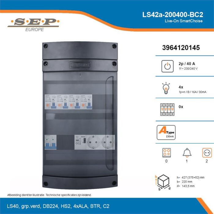 SEP Live-On SmartChoise, LS42a-200400-BC2, 40A, 1-fase groepenkast, 4-lichtgroepen, 1-beltrafo,  2V-contactdoos, technische details