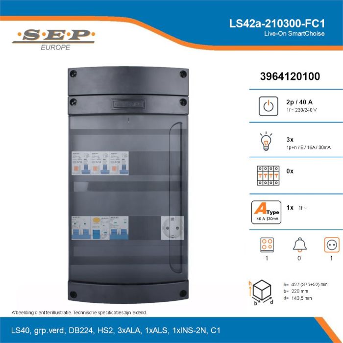 SEP Live-On SmartChoise, LS42a-210300-FC1, 40A, 1-fase groepenkast, 3-lichtgroepen, 1-fornuisgroep,  1V-contactdoos, technische details