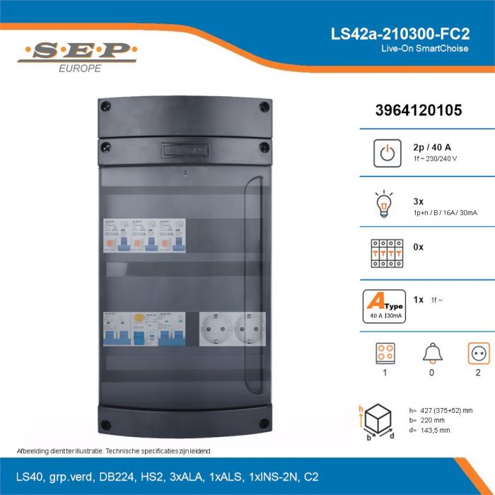 SEP Live-On SmartChoise, LS42a-210300-FC2, 40A, 1-fase groepenkast, 3-lichtgroepen, 1-fornuisgroep,  2V-contactdoos, technische details