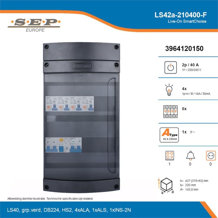 SEP Live-On SmartChoise, LS42a-210400-F, 40A, 1-fase groepenkast, 4-lichtgroepen, 1-fornuisgroep, technische details