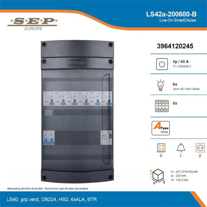 SEP Live-On SmartChoise, LS42a-200600-B, 40A, 1-fase groepenkast, 6-lichtgroepen, 1-beltrafo, technische details